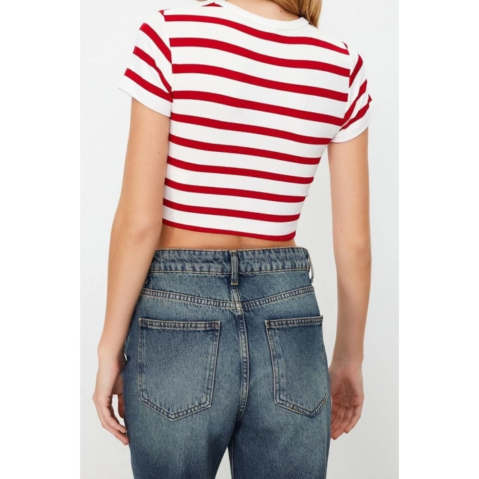 Fashion Crew Neck Knitted Slim Striped Pattern Casual Daily Crop Short Sleeve Blouse