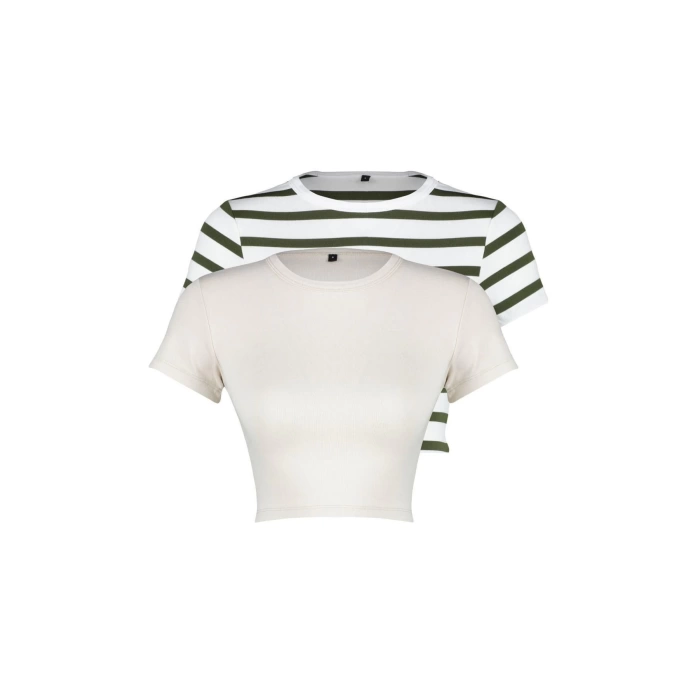Fashion Crew Neck Knitted Slim Striped Pattern Casual Daily Crop Short Sleeve Blouse