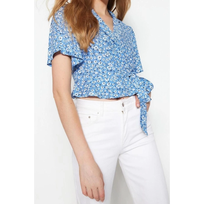 Fashion Jacket Collar Woven Fit Floral Pattern Casual Daily Crop Short Sleeve Blouse