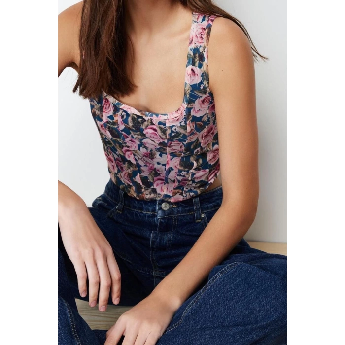Fashion Square Neck Knitted Slim Floral Pattern Casual Daily Super Crop Sleeveless Blouse