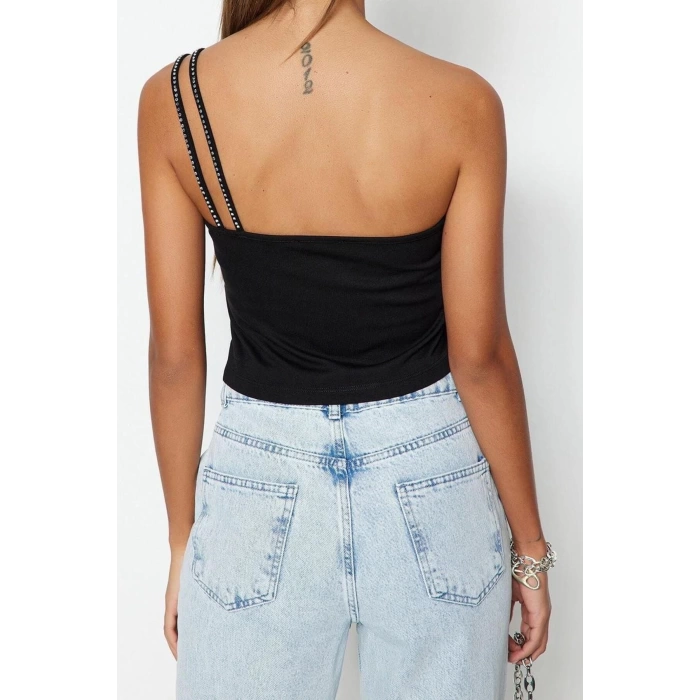 Fashion Asymmetric Collar Knitted Slim Plain Pattern Casual Daily Crop Shoulder Sleeve Blouse