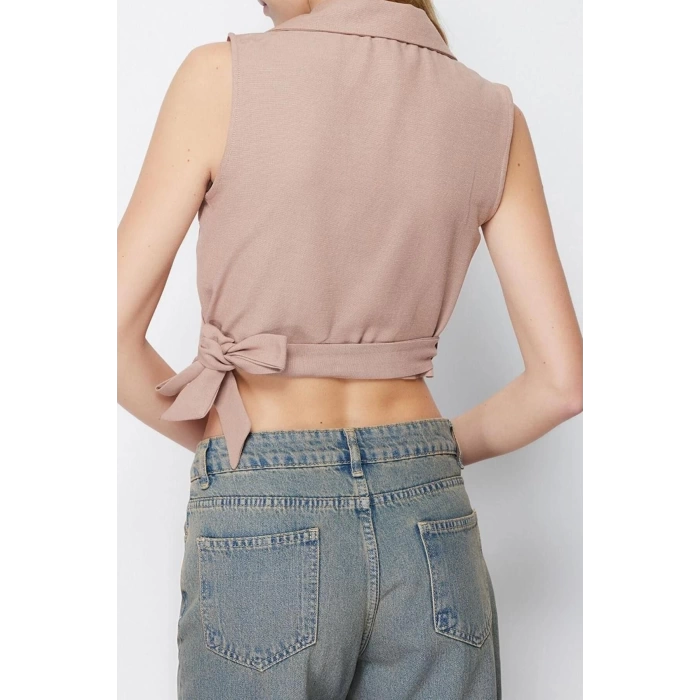 Fashion Jacket Collar Woven Fit Plain Pattern Chic Evening Crop Sleeveless Blouse