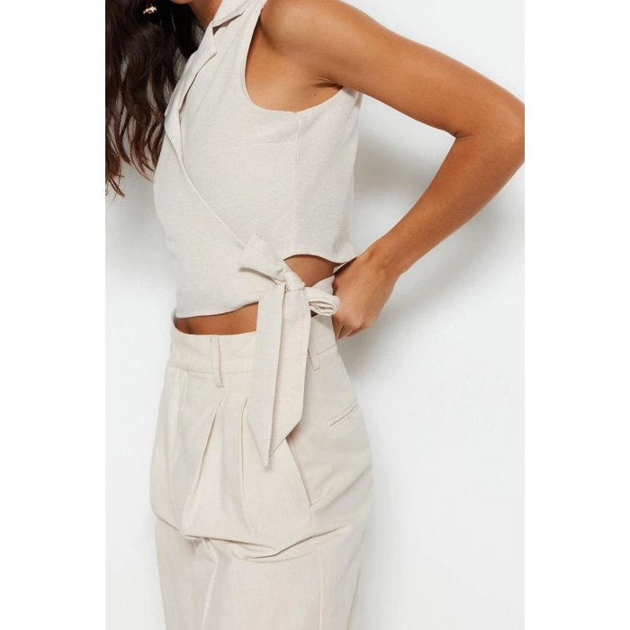 Fashion Jacket Collar Woven Fit Plain Pattern Chic Evening Crop Sleeveless Blouse