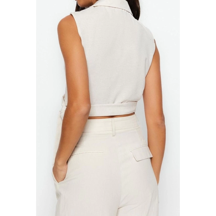 Fashion Jacket Collar Woven Fit Plain Pattern Chic Evening Crop Sleeveless Blouse