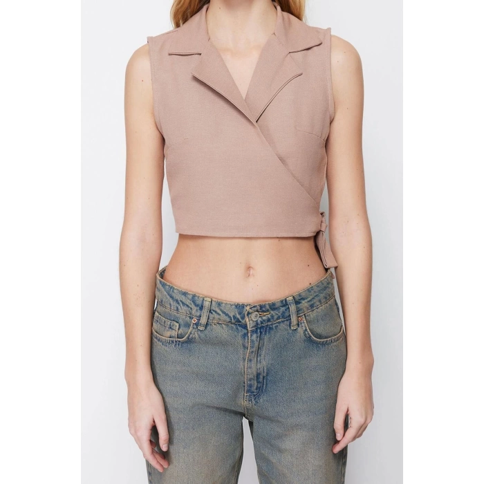 Fashion Jacket Collar Woven Fit Plain Pattern Chic Evening Crop Sleeveless Blouse