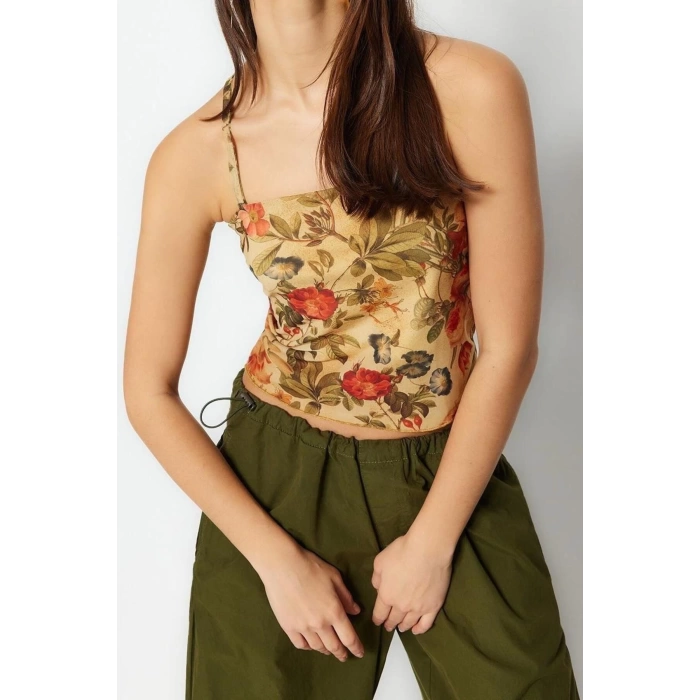 Fashion Square Collar Knitted Slim Floral Pattern Casual Daily Crop Top Strappy Sleeve Blouse