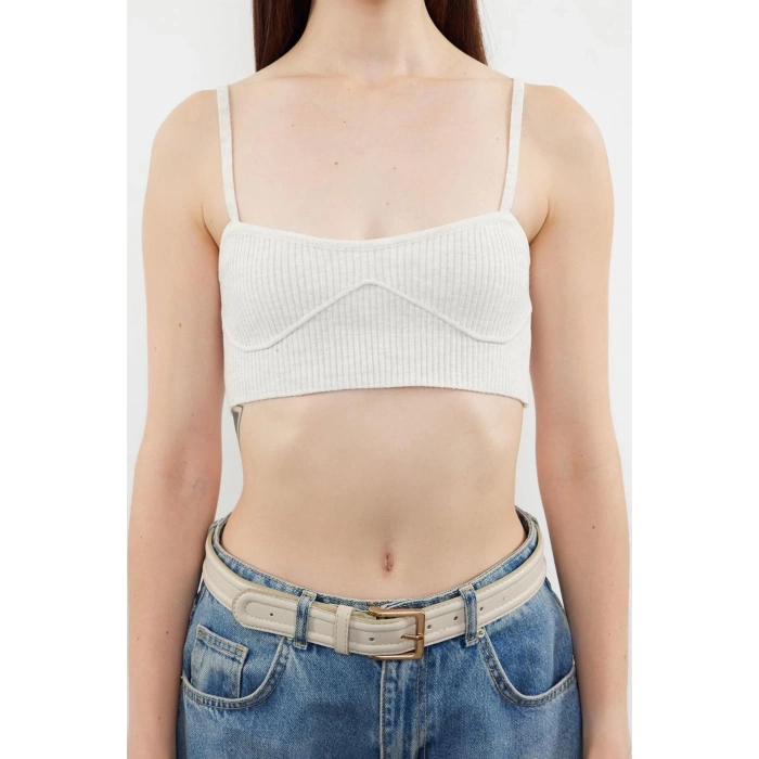 Moda Kalp Yaka Triko Regular Düz Desen Casual Günlük Crop Askılı Kol Bluz