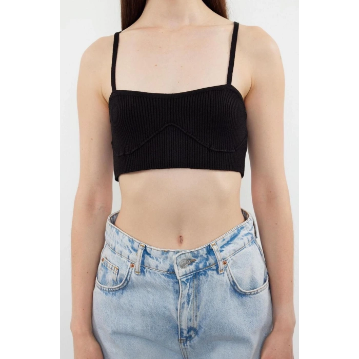Moda Kalp Yaka Triko Regular Düz Desen Casual Günlük Crop Askılı Kol Bluz