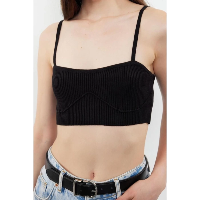 Moda Kalp Yaka Triko Regular Düz Desen Casual Günlük Crop Askılı Kol Bluz