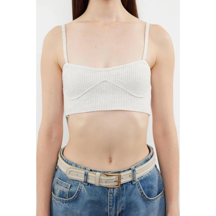 Moda Kalp Yaka Triko Regular Düz Desen Casual Günlük Crop Askılı Kol Bluz
