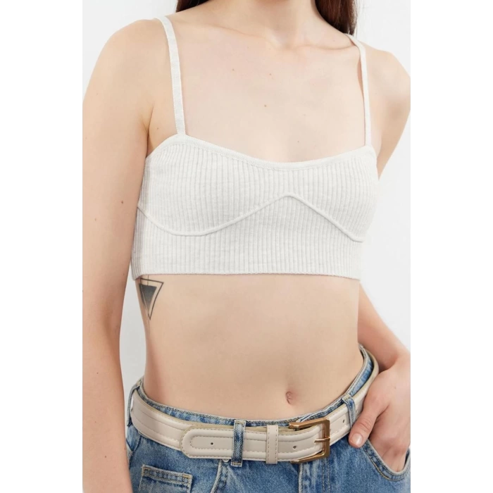 Moda Kalp Yaka Triko Regular Düz Desen Casual Günlük Crop Askılı Kol Bluz