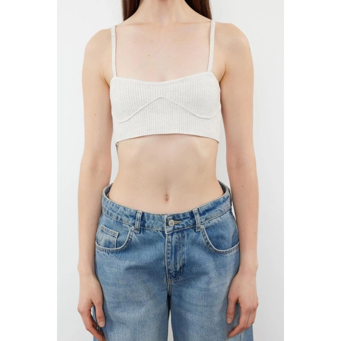 Moda Kalp Yaka Triko Regular Düz Desen Casual Günlük Crop Askılı Kol Bluz