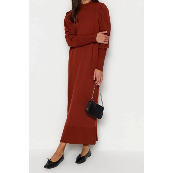 Moda Fit Casual Günlük Ribana Kaşkorse Triko Dik Yaka Uzun Kol Shift Maxi Boy Tesettür Elbise