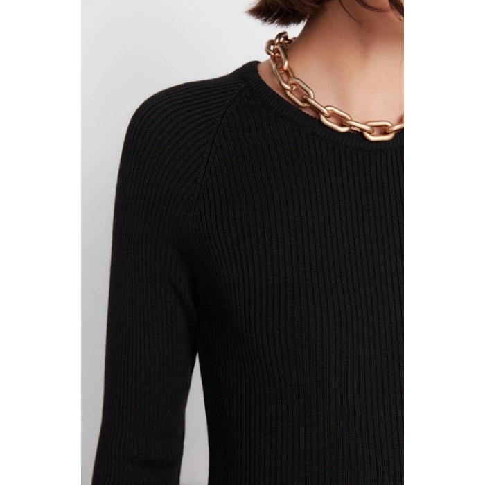 Moda Slim Casual Günlük Dolu İğne Triko Bisiklet Yaka Uzun Kol Bodycone Midi Boy Elbise