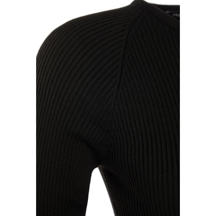 Moda Slim Casual Günlük Dolu İğne Triko Bisiklet Yaka Uzun Kol Bodycone Midi Boy Elbise