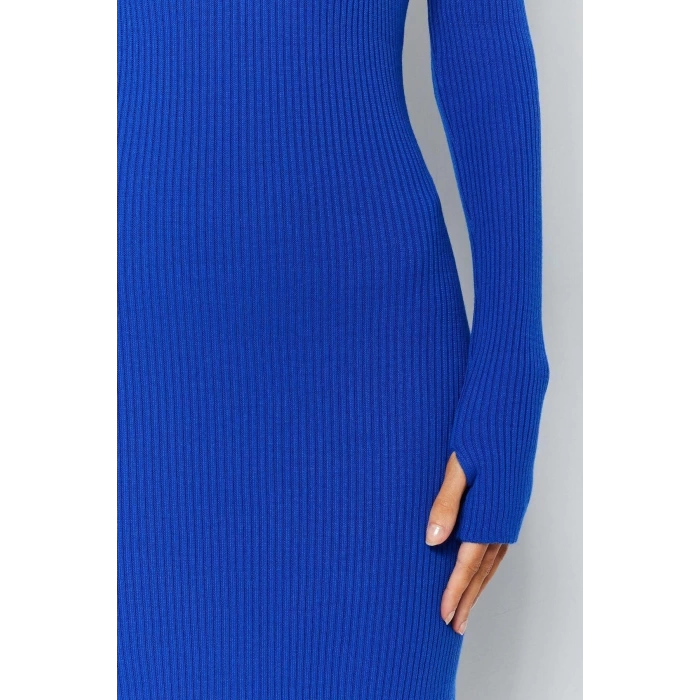 Moda Slim Gündüz Gece Tek Plaka Triko Dik Yaka Uzun Kol Bodycone Midi Boy Elbise