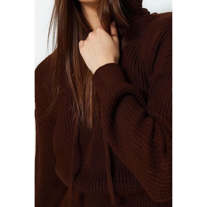 Moda Regular Casual Günlük Dolu İğne Triko Kapüşonlu Uzun Kol Kazak Elbise Mini Boy Elbise