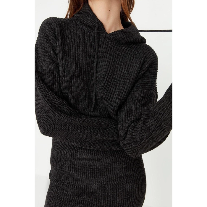 Moda Regular Casual Günlük Dolu İğne Triko Kapüşonlu Uzun Kol Kazak Elbise Mini Boy Elbise