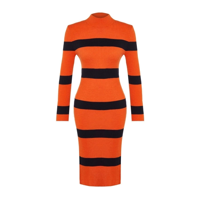 Moda Slim Casual Günlük Tek Plaka Triko Dik Yaka Uzun Kol Bodycone Midi Boy Elbise