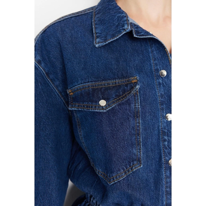Moda Regular Mezuniyet Balo Rigid Denim Gömlek Yaka Kısa Kol Skater Kısa Boy Elbise