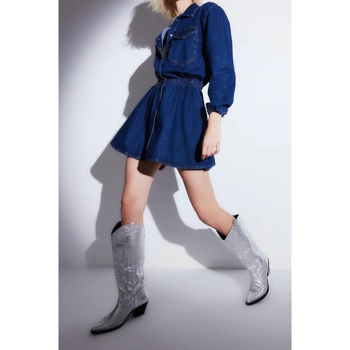 Moda Regular Mezuniyet Balo Rigid Denim Gömlek Yaka Kısa Kol Skater Kısa Boy Elbise