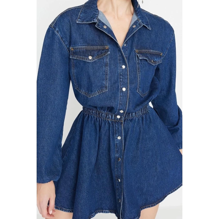 Moda Regular Mezuniyet Balo Rigid Denim Gömlek Yaka Kısa Kol Skater Kısa Boy Elbise