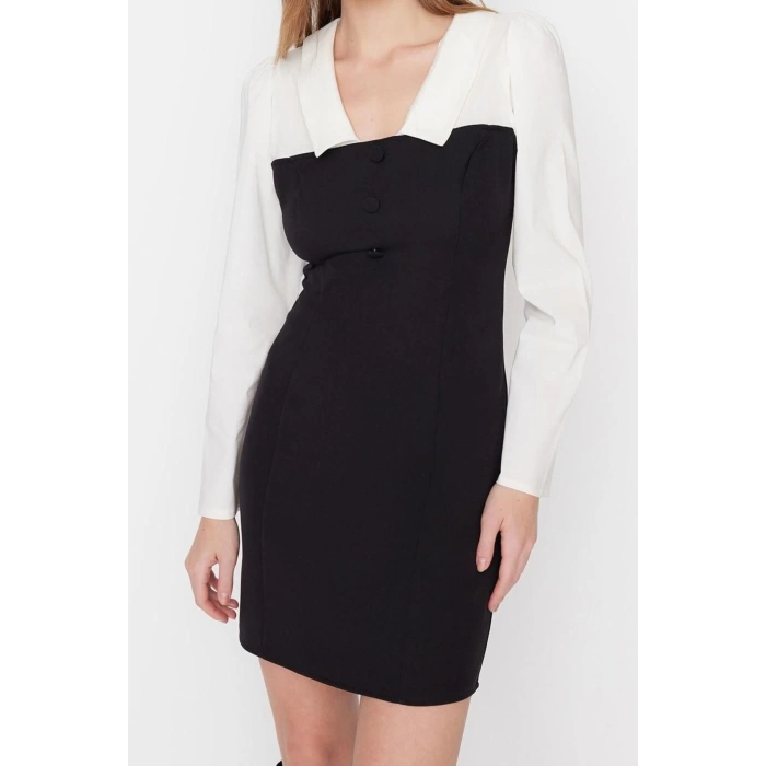 Moda Fit Business Finike Woven Shirt Collar Long Sleeve Bodycon Mini Dress