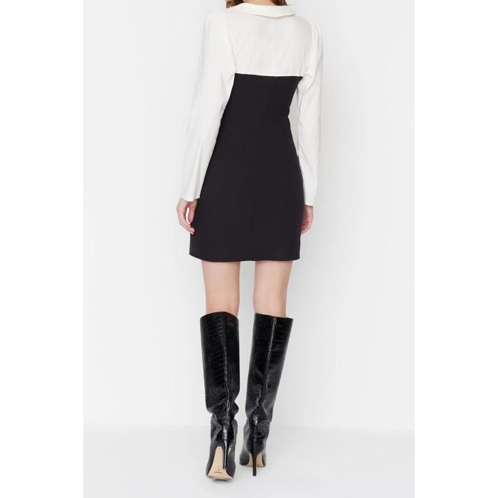 Moda Fit Business Finike Woven Shirt Collar Long Sleeve Bodycon Mini Dress