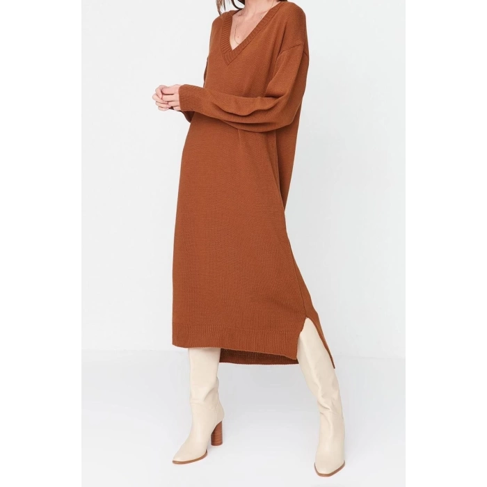 Fashion Oversize Casual Daily Selanik Knitwear V Neck Long Sleeve Shift Maxi Length Dress