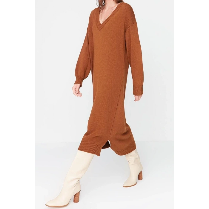 Fashion Oversize Casual Daily Selanik Knitwear V Neck Long Sleeve Shift Maxi Length Dress