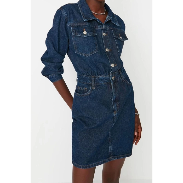Fashion Slim Stylish Evening Dress Night Rigid Denim Shirt Collar Three Quarter Sleeve Bodycone Mini Length Dress