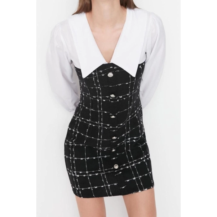 Moda Regular Day Night Tweed Woven Shirt Collar Long Sleeve Bodycon Mini Length Dress
