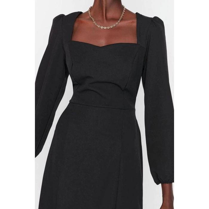 Moda Regular Business Finike Woven Heart Neck Long Sleeve Bodycone Midi Length Dress
