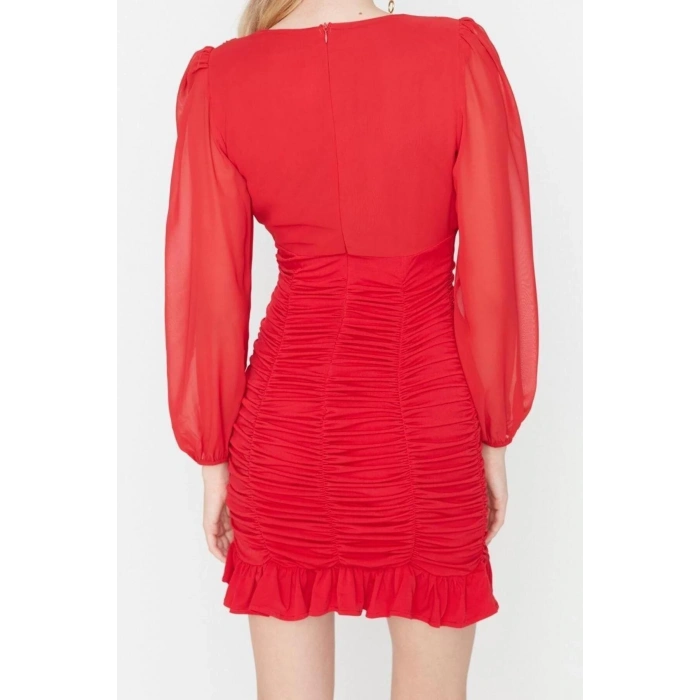 Moda Regular Gündüz Gece Şifon Dokuma V Yaka Uzun Kol Bodycone Mini Boy Elbise