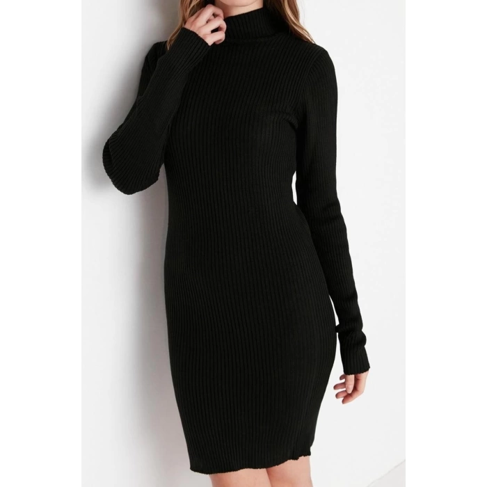 Moda Slim Casual Günlük Tek Plaka Triko Dik Yaka Uzun Kol Bodycone Mini Boy Elbise