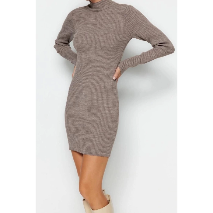 Moda Slim Casual Günlük Tek Plaka Triko Dik Yaka Uzun Kol Bodycone Mini Boy Elbise