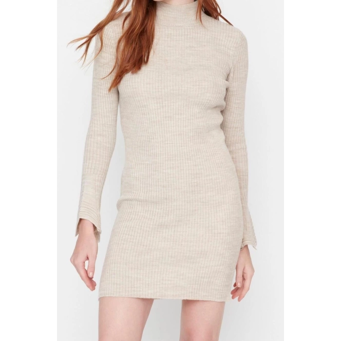 Moda Slim Casual Günlük Fitilli Triko Dik Yaka Uzun Kol Bodycone Mini Boy Elbise