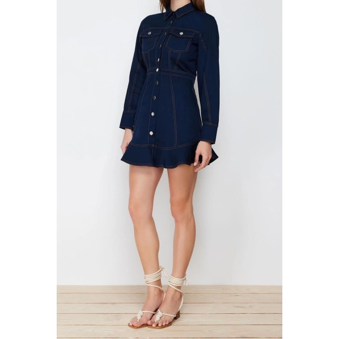 Moda Fit Gündüz Gece Gabardin Dokuma Gömlek Yaka Uzun Kol Gömlek Elbise Mini Boy Elbise
