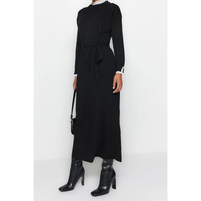 Fashion Regular Casual Daily Pique Knitwear Stand Collar Long Sleeve Shift Maxi Length Hijab Dress