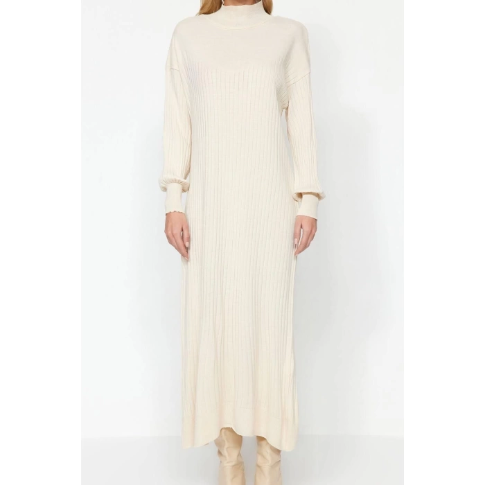 Moda Regular Günlük Ribana Kaşkorse Triko Bisiklet Yaka Uzun Kol Shift Maxi Boy Tesettür Elbise