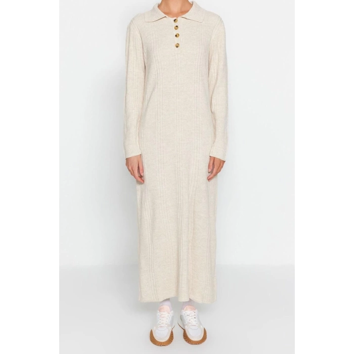 Fashion Regular Casual Daily Rib Camisole Woven V Neck Long Sleeve A-Line Midi Length Hijab Dress