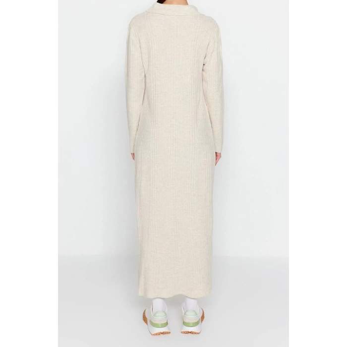 Fashion Regular Casual Daily Rib Camisole Woven V Neck Long Sleeve A-Line Midi Length Hijab Dress