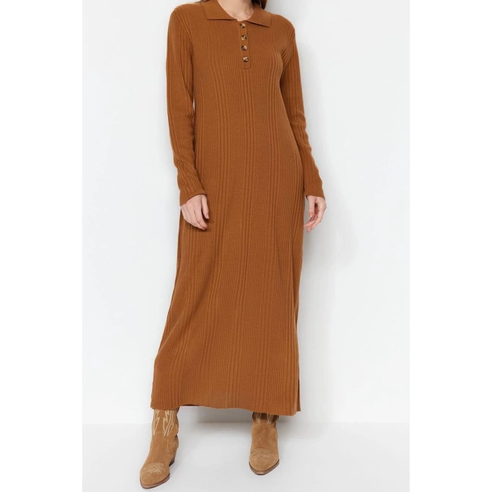 Fashion Regular Casual Daily Rib Camisole Woven V Neck Long Sleeve A-Line Midi Length Hijab Dress