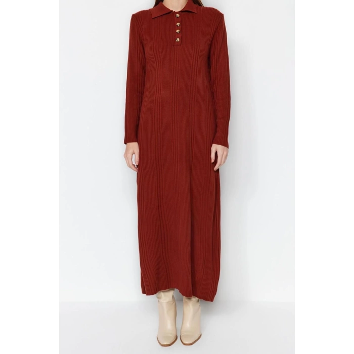 Fashion Regular Casual Daily Rib Camisole Woven V Neck Long Sleeve A-Line Midi Length Hijab Dress