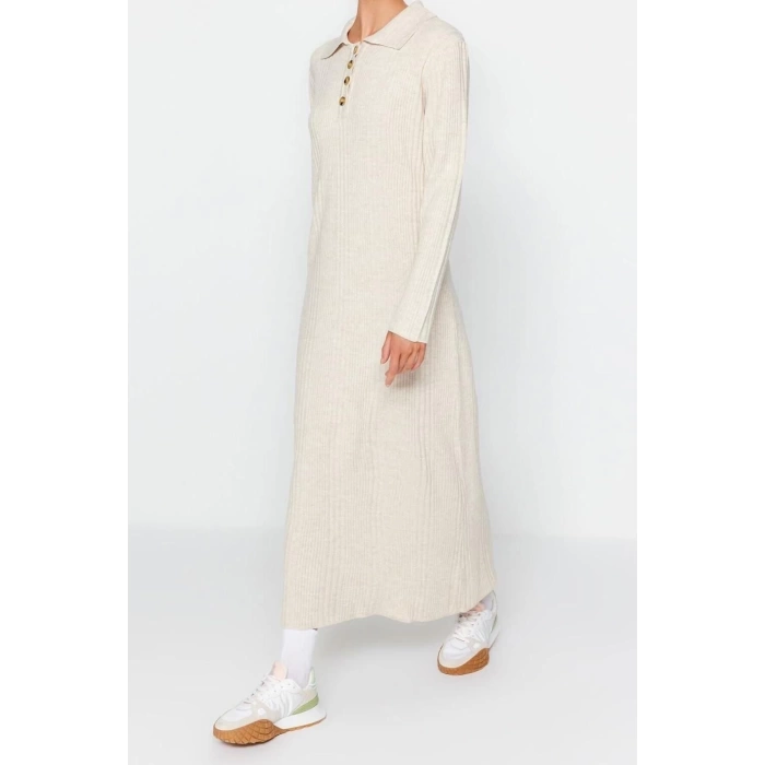 Fashion Regular Casual Daily Rib Camisole Woven V Neck Long Sleeve A-Line Midi Length Hijab Dress