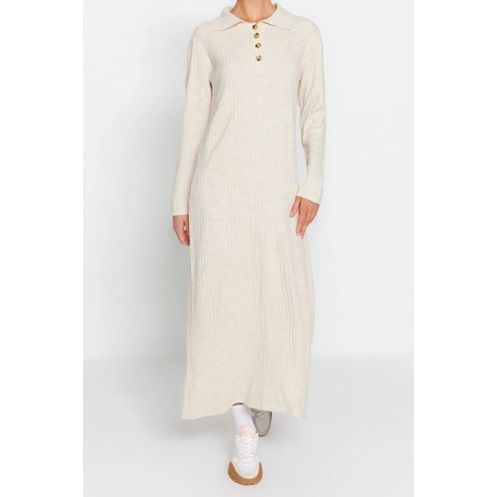 Fashion Regular Casual Daily Rib Camisole Woven V Neck Long Sleeve A-Line Midi Length Hijab Dress