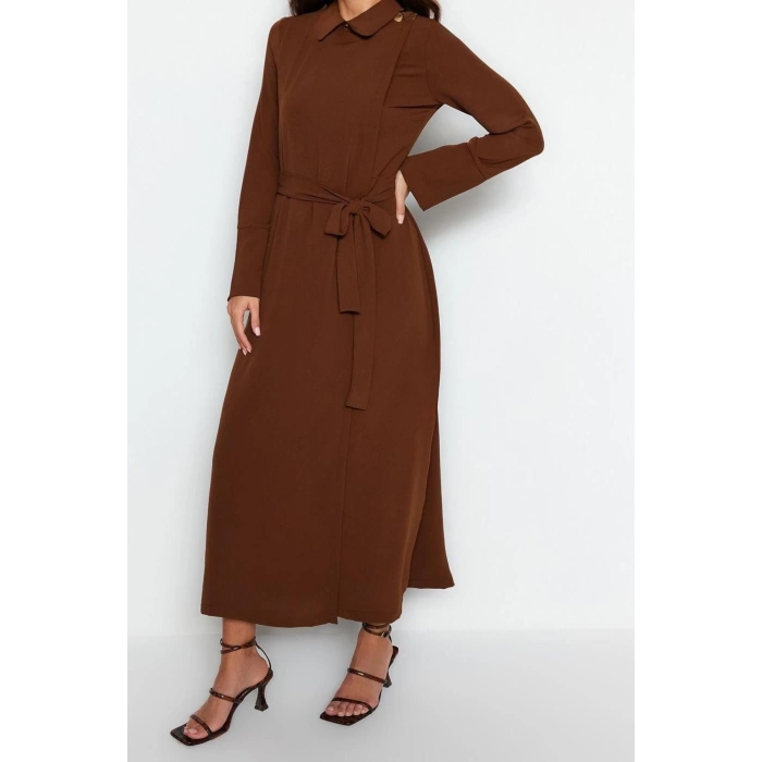 Moda Regular Casual Günlük Aerobin Dokuma Gömlek Yaka Uzun Kol Shift Maxi Boy Tesettür Elbise