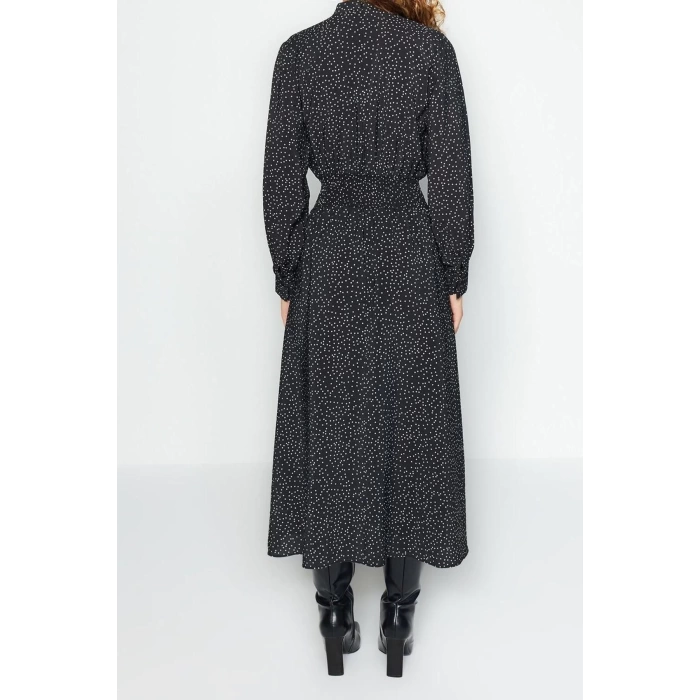 Moda Regular Casual Günlük Lilyum Dokuma Dik Yaka Uzun Kol Shift Maxi Boy Tesettür Elbise