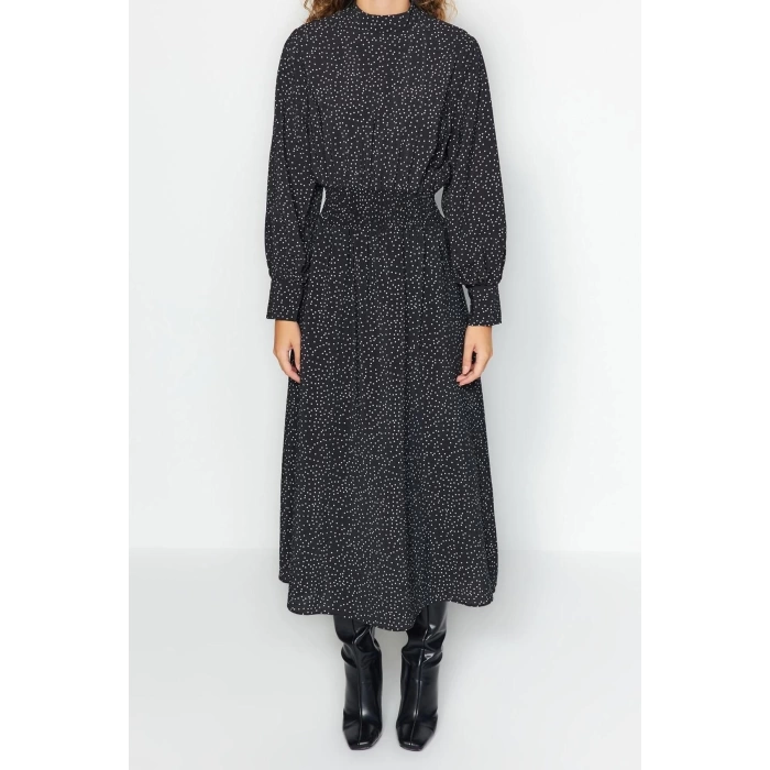 Moda Regular Casual Günlük Lilyum Dokuma Dik Yaka Uzun Kol Shift Maxi Boy Tesettür Elbise