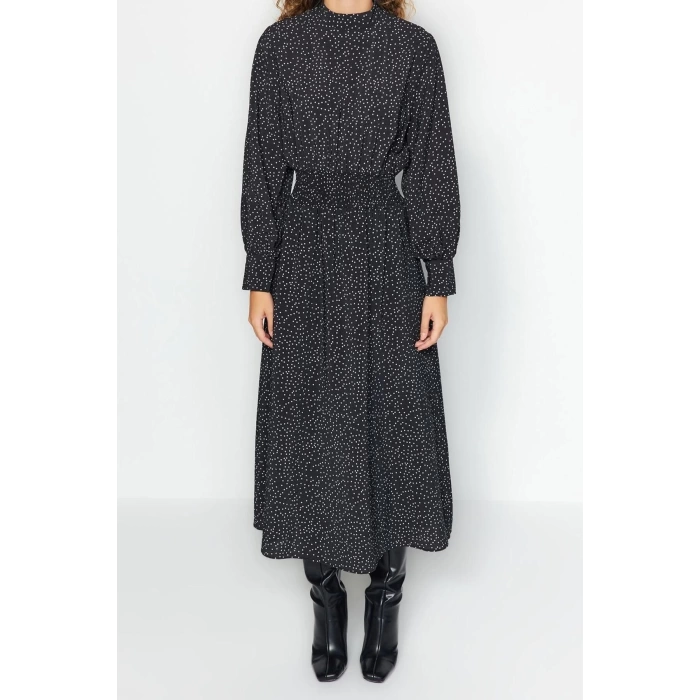 Moda Regular Casual Günlük Lilyum Dokuma Dik Yaka Uzun Kol Shift Maxi Boy Tesettür Elbise